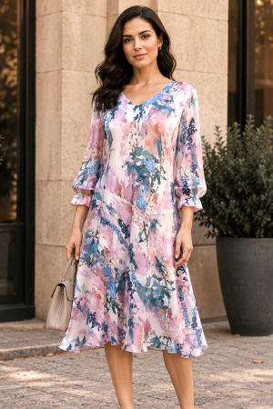 ROCHII DE OCAZIE - Rochie midi din voal cu imprimeu floral pastel