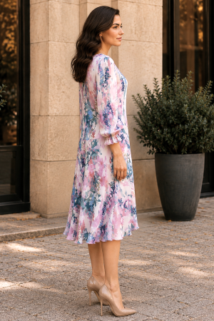 Rochie midi din voal cu imprimeu floral pastel [2]