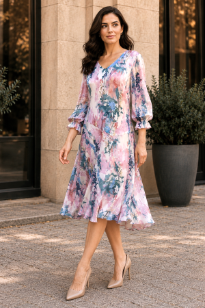 Rochie midi din voal cu imprimeu floral pastel [1]