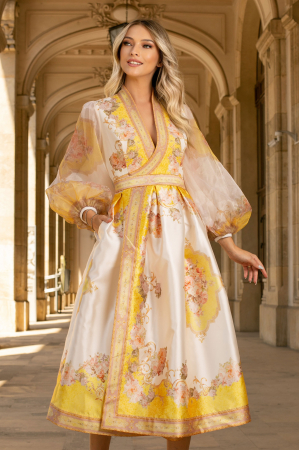 ROCHII ELEGANTE - Rochie Karmen galbenă din tafta cu mâneci bufante