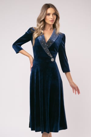ROCHII DE OCAZIE - Rochie Lora bleumarin  din catifea cu accesorii pe bust și în talie