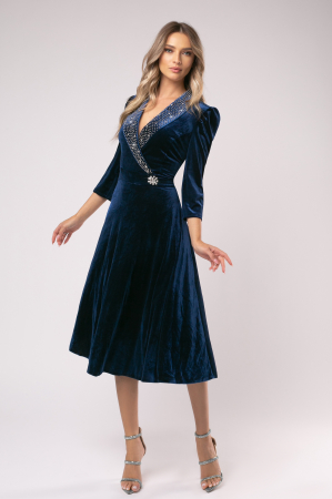 Rochie Lora bleumarin  din catifea cu accesorii pe bust și în talie [1]