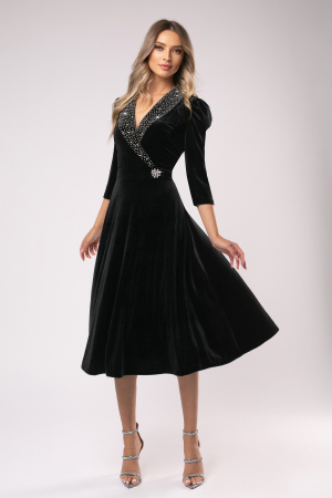 Rochie Lora negru din catifea cu accesorii pe bust și în talie [3]