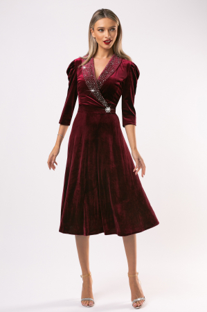 Rochie Lora vișinie din catifea cu accesorii pe bust și în talie [4]