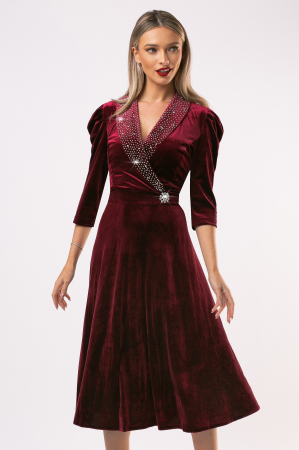 ROCHII DE CATIFEA - Rochie Lora vișinie din catifea cu accesorii pe bust și în talie