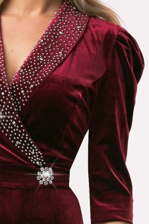 Rochie Lora vișinie din catifea cu accesorii pe bust și în talie [6]