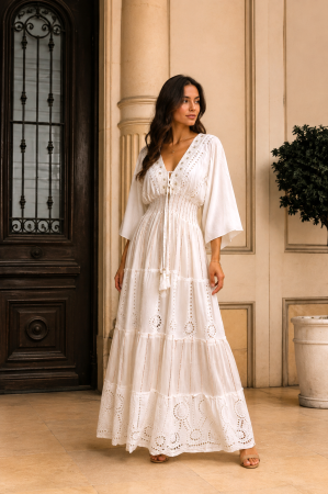 Rochie lungă de vară albă din vâscoză cu inserții aurii [1]