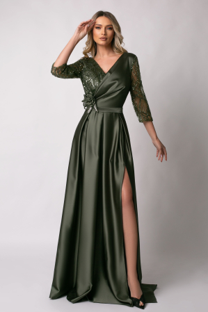 Rochie lungă kaki de ocazie, mărime mare cu paiete [1]