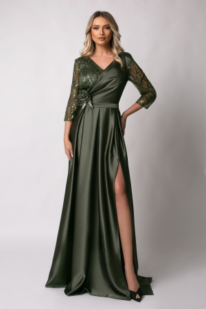 ROCHII DE BOTEZ - Rochie lungă kaki de ocazie, mărime mare cu paiete