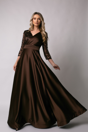 ROCHII DE BOTEZ - Rochie lungă maro de ocazie, mărime mare cu paiete
