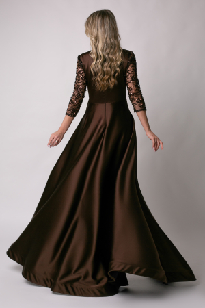 Rochie lungă maro de ocazie, mărime mare cu paiete [2]
