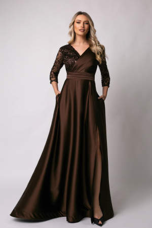 Rochie lungă maro de ocazie, mărime mare cu paiete [1]
