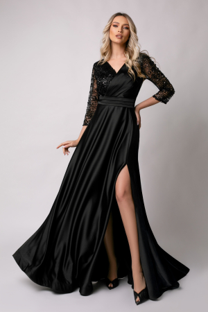 ROCHII DE BOTEZ - Rochie lungă neagră de ocazie, mărime mare cu paiete