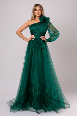 ROCHII DE SEARĂ - Rochie lungă verde din tulle accesorizată pe umăr