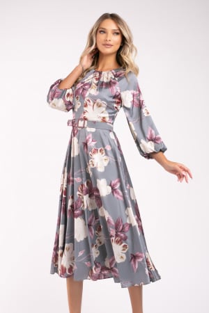 ROCHII ELEGANTE - Rochie Maribell gri cu imprimeu floral și mâneci bufante