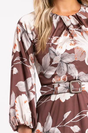 Rochie Maribell maro cu imprimeu floral și mâneci bufante [3]