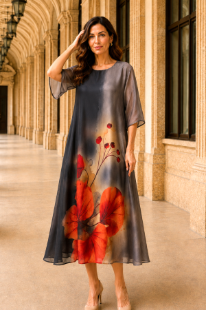 COLECȚIE NOUĂ - Rochie mărime mare gri din satin cu imprimeu floral portocaliu