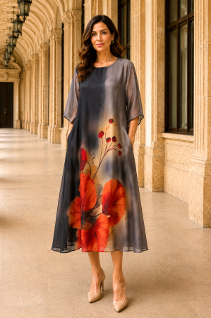 Rochie mărime mare gri din satin cu imprimeu floral portocaliu [1]