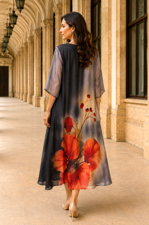 Rochie mărime mare gri din satin cu imprimeu floral portocaliu [2]