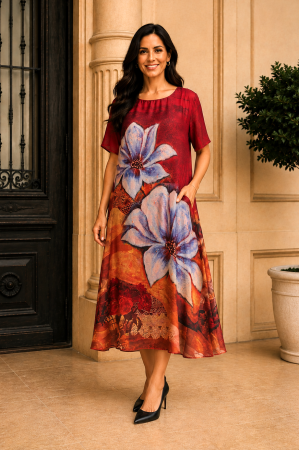 Rochie mărime mare roșie din satin cu imprimeu floral [1]