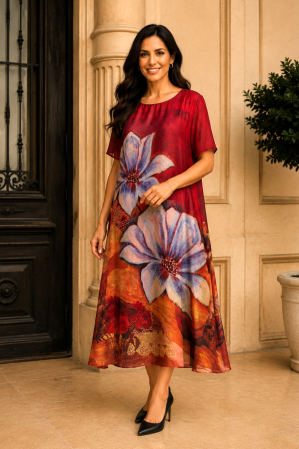 COLECȚIE NOUĂ - Rochie mărime mare roșie din satin cu imprimeu floral