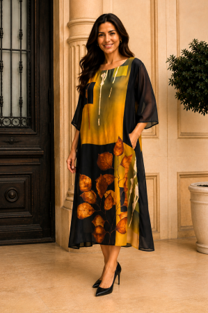 ROCHII - Rochie mărime mare neagră din satin cu imprimeu floral