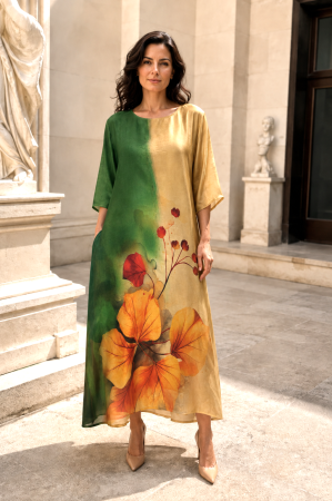 ROCHII DE VARĂ - Rochie mărime mare verde-bej din satin cu imprimeu floral bleu
