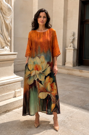 ROCHII DE OCAZIE - Rochie mărime mare portocalie din satin cu imprimeu floral