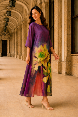 COLECȚIE NOUĂ - Rochie mărime mare mov din satin cu imprimeu floral