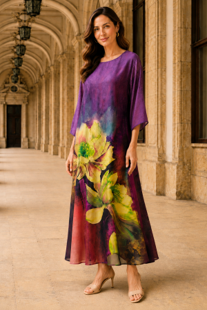 Rochie mărime mare mov din satin cu imprimeu floral [2]