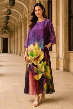 Rochie mărime mare mov din satin cu imprimeu floral [1]