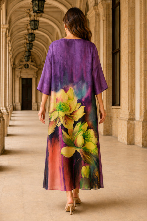 Rochie mărime mare mov din satin cu imprimeu floral [3]