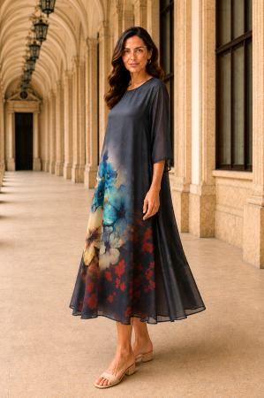 Rochie mărime mare neagră din satin cu imprimeu floral bleu [1]