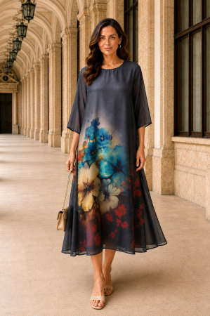 COLECȚIE NOUĂ - Rochie mărime mare neagră din satin cu imprimeu floral bleu