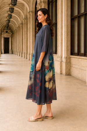 Rochie mărime mare neagră din satin cu imprimeu floral bleu [3]