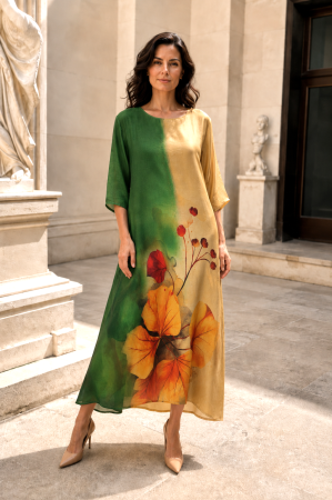Rochie mărime mare verde-bej din satin cu imprimeu floral bleu [1]