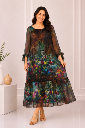ROCHII LUNGI - Rochie maro de vară din mătase naturală cu imprimeu abstract