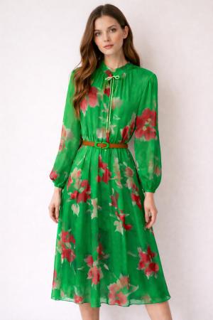 ROCHII DE BOTEZ - Rochie verde cu imprimeu floral