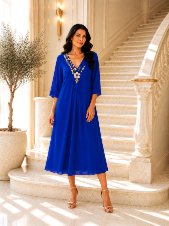 ROCHII DE BOTEZ - Rochie midi albastru regal accesorizată pe bust