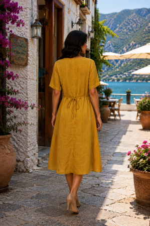 Rochie midi muștar în stil boho cu imprimeu floral [2]