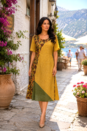 Rochie midi muștar în stil boho cu imprimeu floral [3]