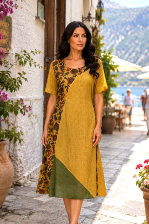 TOATE PRODUSELE - Rochie midi muștar în stil boho cu imprimeu floral