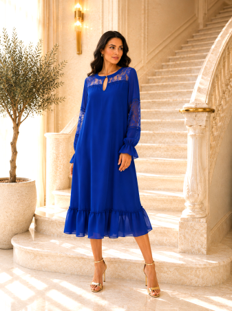 Rochie midi albastru regal cu dantelă și mâneci transparente [1]