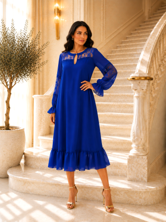 ROCHII DE BOTEZ - Rochie midi albastru regal cu dantelă și mâneci transparente