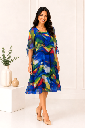 Rochie midi albastru regal cu imprimeu floral și mâneci vaporoase [1]