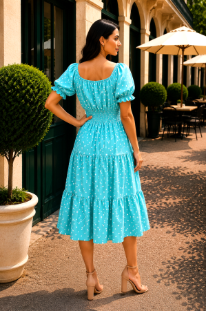 Rochie midi turcoaz de vară imprimată cu buline [2]