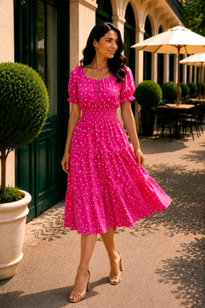 Rochie midi fucsia de vară imprimată cu buline [3]