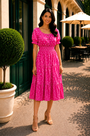 Rochie midi fucsia de vară imprimată cu buline [1]