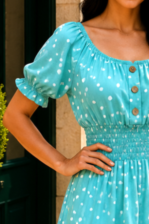 Rochie midi turcoaz de vară imprimată cu buline [4]