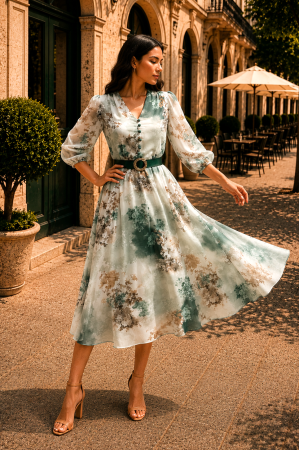 Rochie midi cu imprimeu floral verde și curea in talie [2]